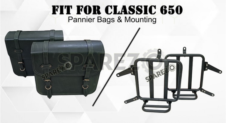 For Royal Enfield Classic 650 Genuine Leather Pannier Bags Dark Green With Mounting - SPAREZO